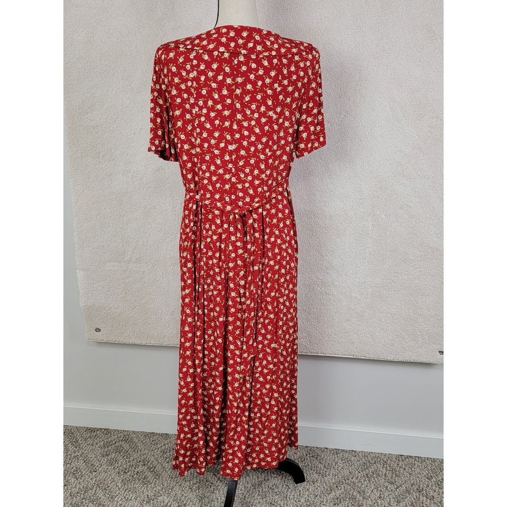 Vintage Sara Campbell Red Floral Midi Dress Petite 8P Button Front Rayon - Picture 3 of 14